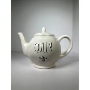 Rae Dunn by Magenta “QUEEN” Bee Icon Round Teapot White Ceramic Black Lettering